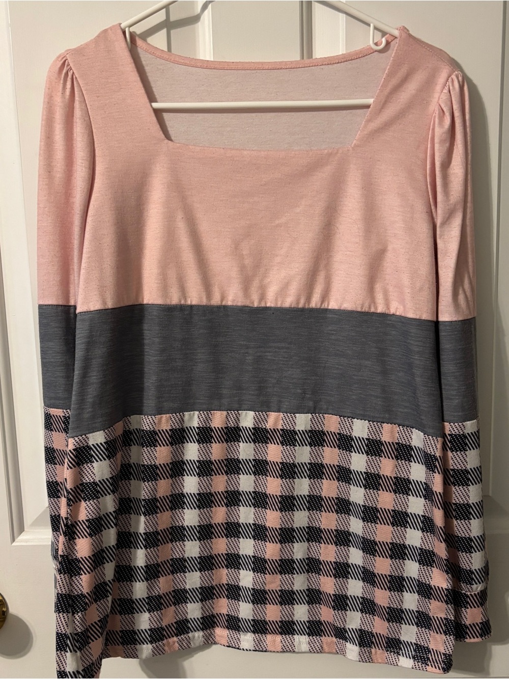 Pink and Gray Colorblock Plaid Long Sleeve Top